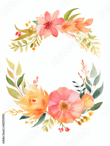 A watercolor wreath with flowers and leaves isolated on a white background Generative Ai