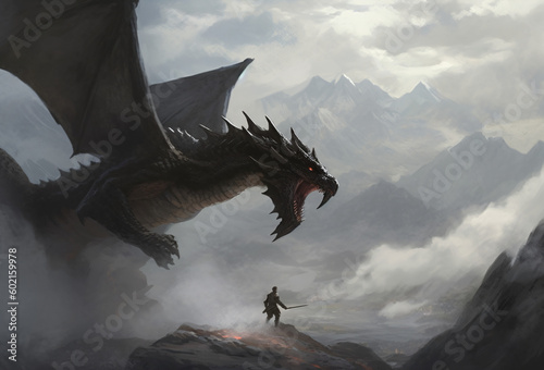 A man standing on top of a mountain fighting a giant dragon Generative Ai