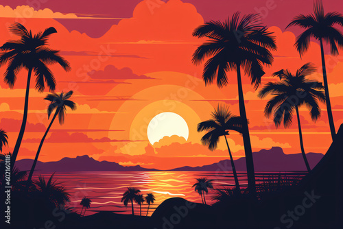 Sunset with palm trees silhouette vector style illustration  Generative Ai © Eduardo