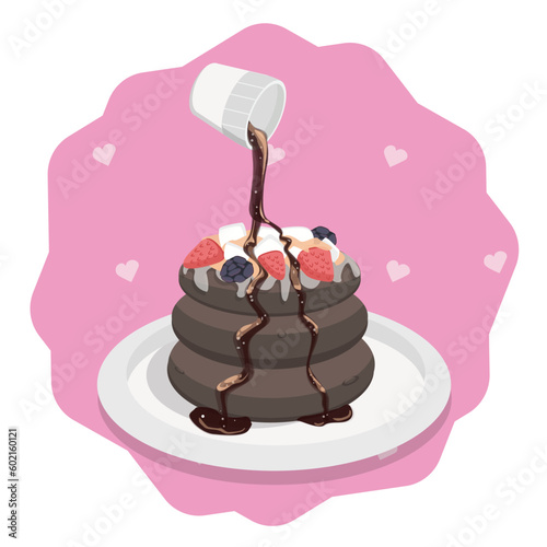 Chocolate pancakes with syrup and fresh berries. Pancake street food, takeaway food, breakfast, fast food. Cartoon vector illustration. 