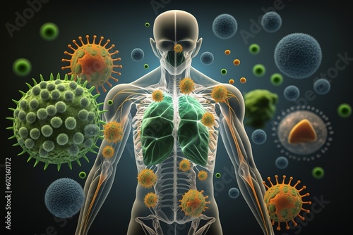 Immune system. A complex network of organs, cells and proteins that defends the body against infection, whilst protecting the body's own cells. Virus, healthy, medical, bacteria. Generative AI