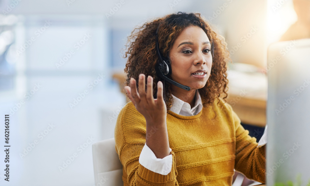 Communication, crm or woman in call center consulting, speaking or talking at customer services office. Virtual assistant, explain or sales consultant in telemarketing or telecom company help desk - obrazy, fototapety, plakaty 