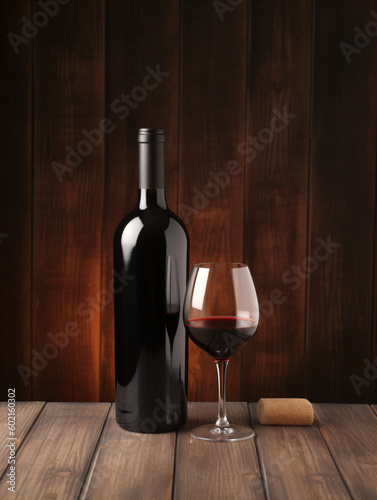 A bottle of wine next to a glass of wine on a wooden table Generative Ai