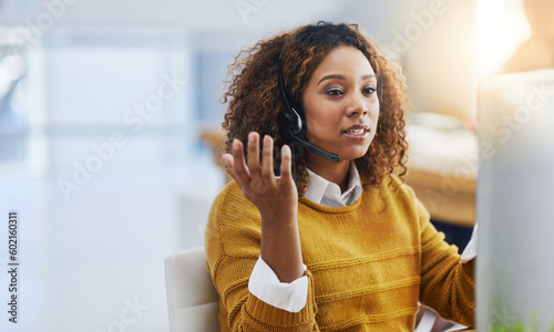 Fotografi Communication, crm or woman in call center consulting, speaking or talking at customer services office