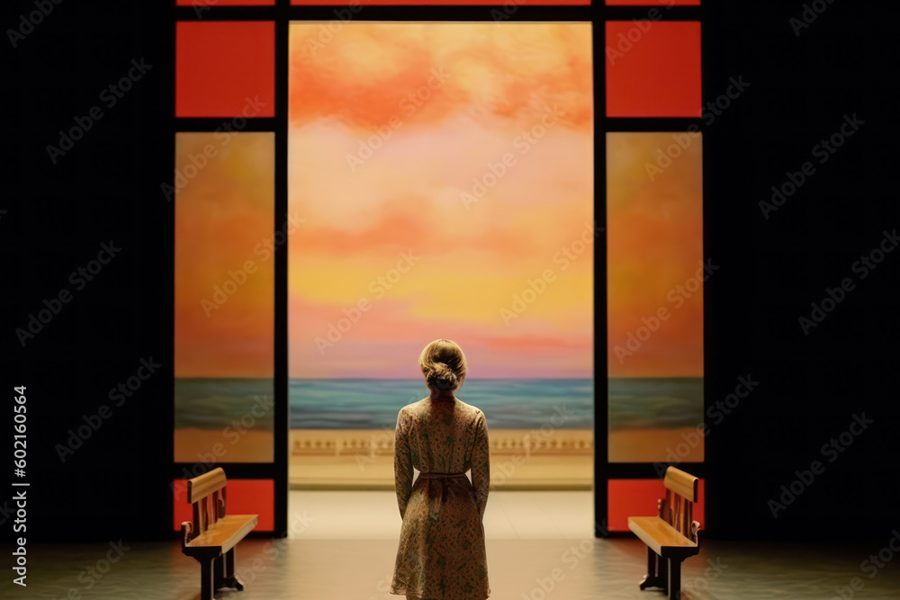 silhouette of a woman from the back standing in a surreal symmetric vintage movie setting in cinematic colours  ai generated art