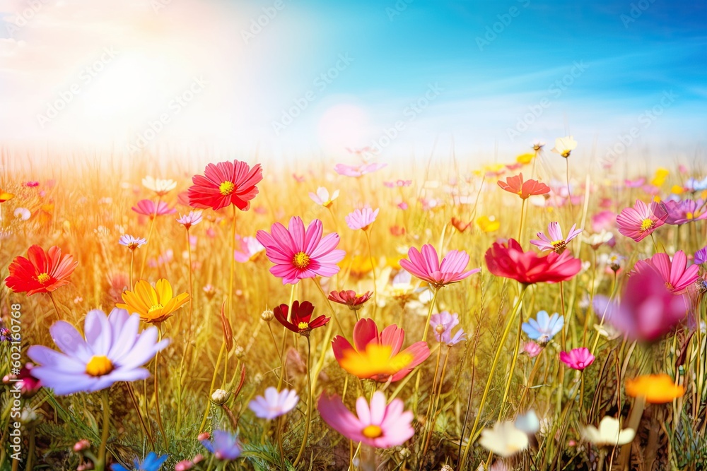 vibrant flower field under a clear blue sky Generative AI
