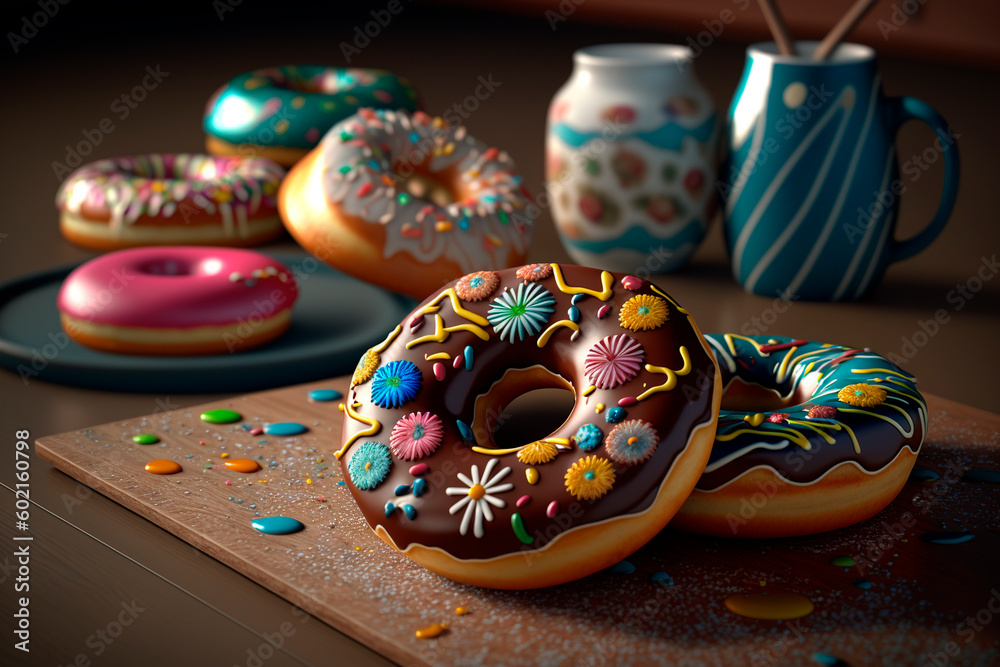 Delicious donuts with chocolate, glaze, sprinkles lie on wooden plate. Generative AI. Menu for high-calorie sweet breakfast, lunch, dinner. National Donut Day or Fat Thursday. Food Time