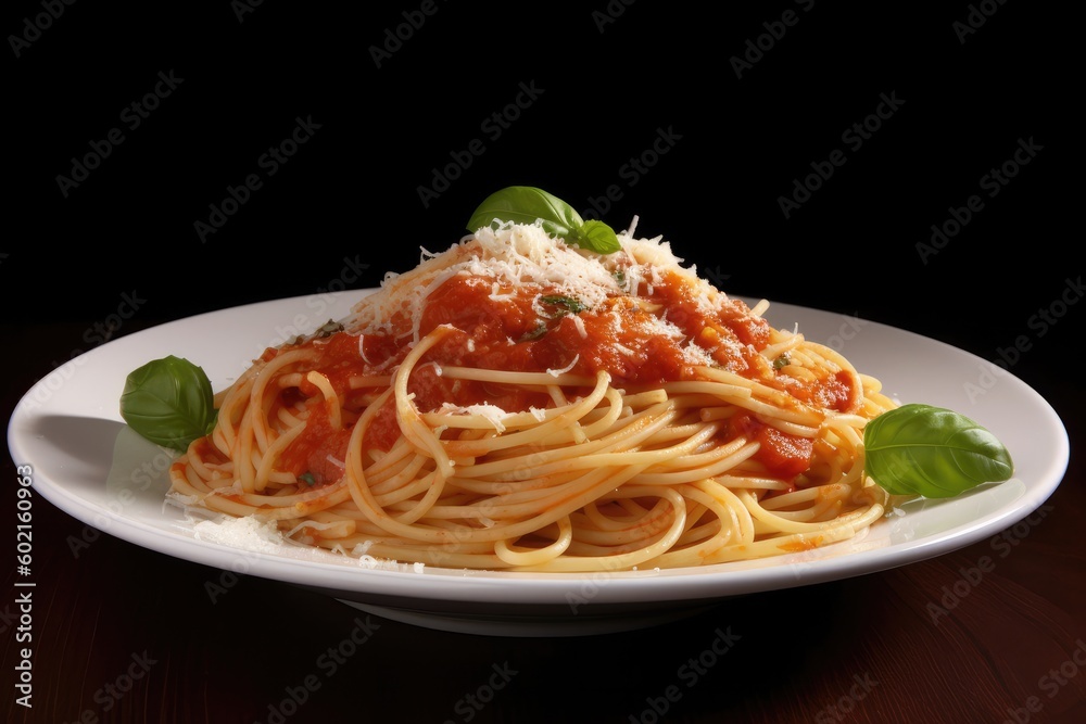 Fresh italian pasta spaghetti with tomato sauce, basil and parmesan cheese in white plate. Ai generative. Fresh italian pasta spaghetti with tomato sauce, basil and parmesan cheese in white plate. Ai generative.