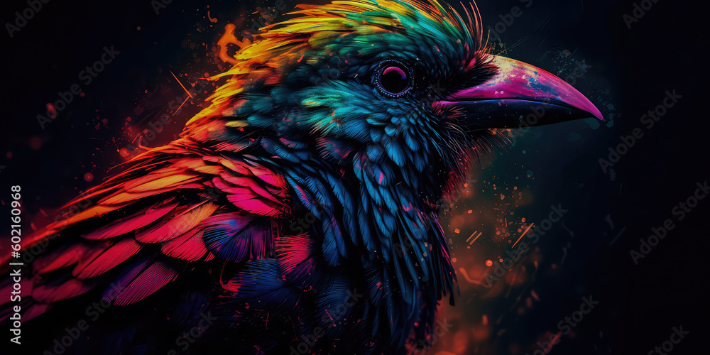 Fototapeta premium Bright colorful abstraction with the image of a bird on a forest background. Generative AI