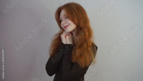 redhead girl looks lovingly, curly ginger woman, tenderness, cutest, cute, loving look, touching, melting, healthwarming, in love