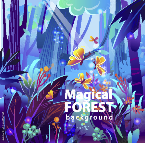 Magical forest, Vector fairy tale background in mystic purple light