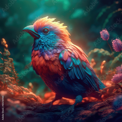 Bright colorful abstraction with the image of a bird on a forest background. Generative AI