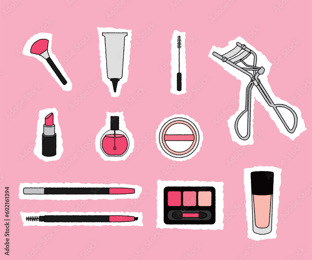 vector sets of cosmetics and makeup tools stickers including shading powder, foundation, pressed powder, brow pencil, eye shadow, mascara, lip color, lipstick, blush, sun screen, nail polish vector sets of cosmetics and makeup tools stickers including shading powder, foundation, pressed powder, brow pencil, eye shadow, mascara, lip color, lipstick, blush, sun screen, nail polish