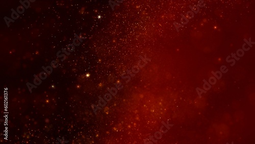 Golden red magic abstract glistering star particles lights wallpaper background. Horizontal luxury and glamor high detail 3D illustration backdrop. Glowing soft focus festive amber sparks overlay.
