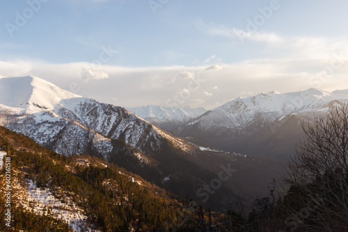 View of the snow-capped mountain peaks of Arkhyz