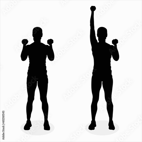 silhouette of a person with dumbbells, woman with dumbbells, black silhouette on a white background, sportswoman, sport, set