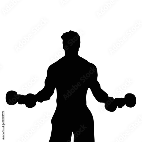 silhouette of a person with a dumbbell, man with dumbbells, black silhouette on a white background, sportswoman, sports, bodybuilder