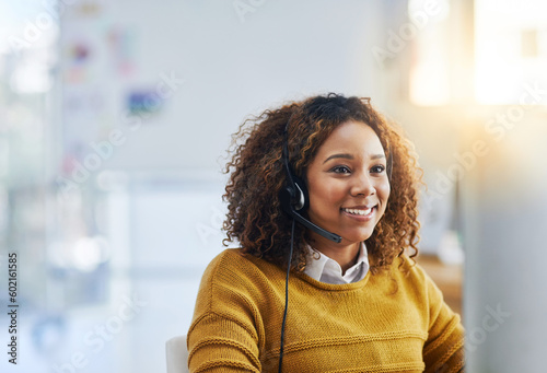 Fotografie Virtual assistant, crm or happy woman in call center consulting, speaking or talking at customer services
