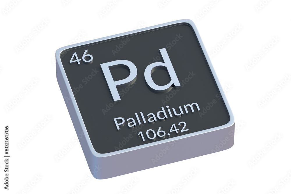 Palladium Pd chemical element of periodic table isolated on white background. Metallic symbol of chemistry element. 3d render