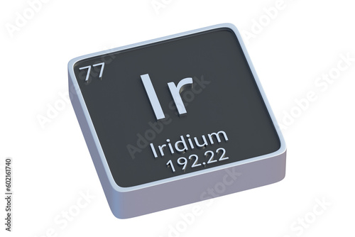 Iridium Ir chemical element of periodic table isolated on white background. Metallic symbol of chemistry element. 3d render