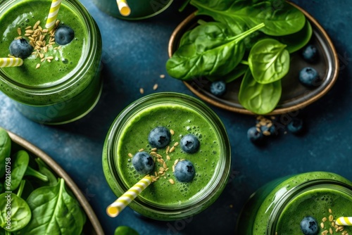 Mason jar mugs filled with green spinach and kale health smoothie with greens. Generated by ai