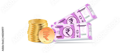 Indian rupee icon with gold and note style vector symbol. Rupee currency emblem with coin and note design. Price icon. Indian new currency symbol. INR value. global price INR. fake note illustration.