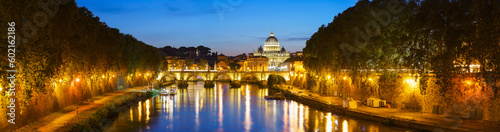 Evening panorama view of Saint Peters basilica at sunset in Vatican. Italy 