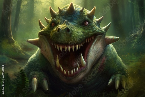 an aggressive dinosaur roaring in a forest Generative AI