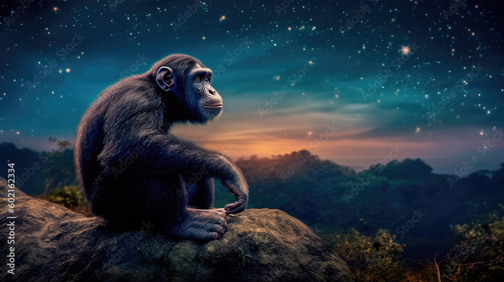 Brooding primate sits on top of a cliff, contemplating a cosmic symphony, philosophical, intelligent. Generative AI