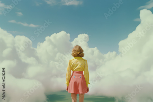 silhouette of a woman in a pastel outfit from the back standing in a surreal symmetric vintage movie setting looking like an old nature landscape postcard in cinematic retro colours ai generated art