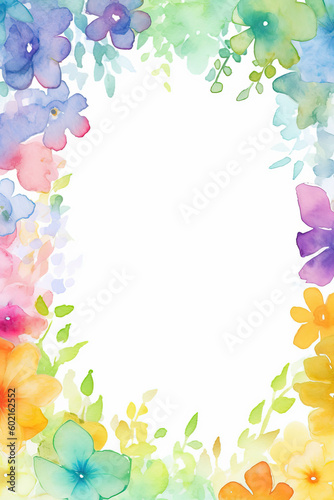 Generative AI. Colorful watercolor leaves and flowers on white background - botanical border or frame. Floral pastel watercolor, vintage style