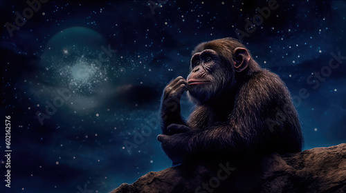 Brooding primate sits on top of a cliff, contemplating a cosmic symphony, philosophical, intelligent. Generative AI photo