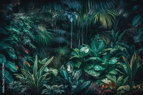 lush tropical flora and fauna in a vibrant painting Generative AI