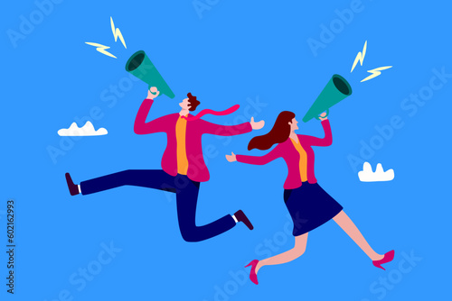 warning alert or beware or important message concept  businessman and woman shouting on megaphone  Communicate message  announce job vacancy for hiring  shouting promotion or company communication 