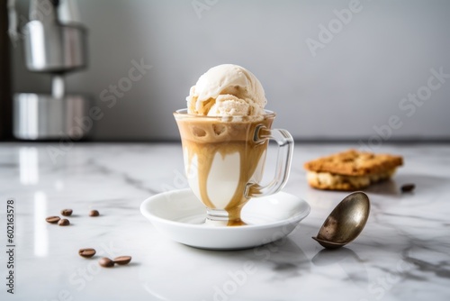 A classic affogato is a dessert consisting of a scoop of vanilla gelato or ice cream drowned in hot espresso. Generative AI image.