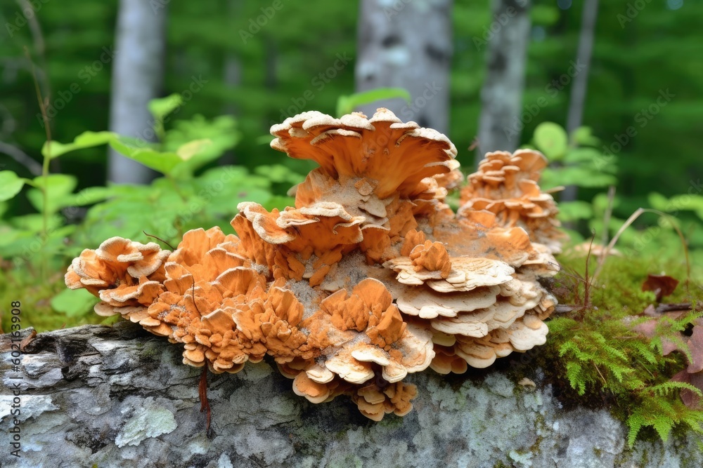 mushrooms growing on a tree stump in a forest Generative AI mushrooms growing on a tree stump in a forest Generative AI