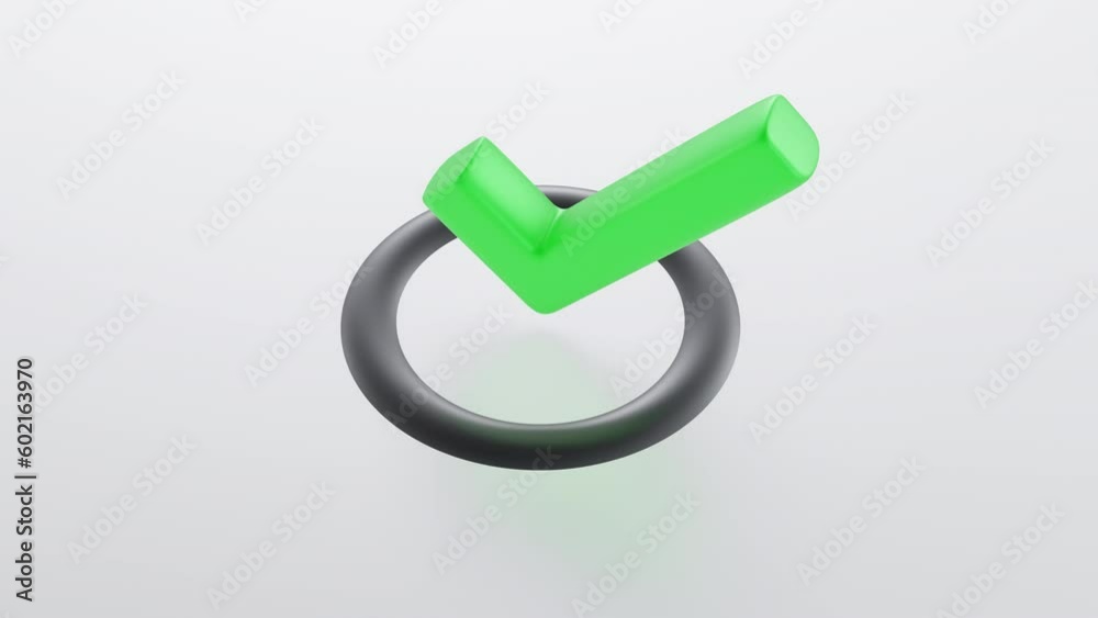 Positive green check mark yes 3d animation on bright background Positive green check mark yes 3d animation on bright background