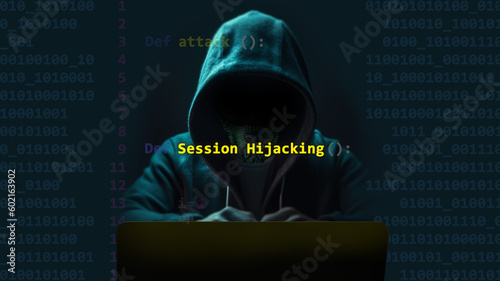 Cyber attack session hijacking exploit vulnerability in text script code, code on editor screen. Pirate hoodie on the background. Generative IA tool used.