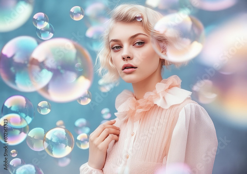 A beautiful girl surrounded by numerous soap bubbles. Generative AI.