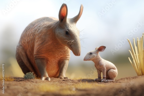 Photorealistic aardvark with young, burrowing, nocturnal mammal in Africa of the order Tubulidentata, insectivore with long snout, created with generative AI.  photo