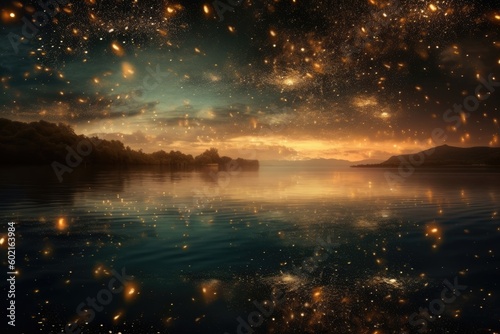 serene night sky with a starry backdrop over a calm body of water Generative AI