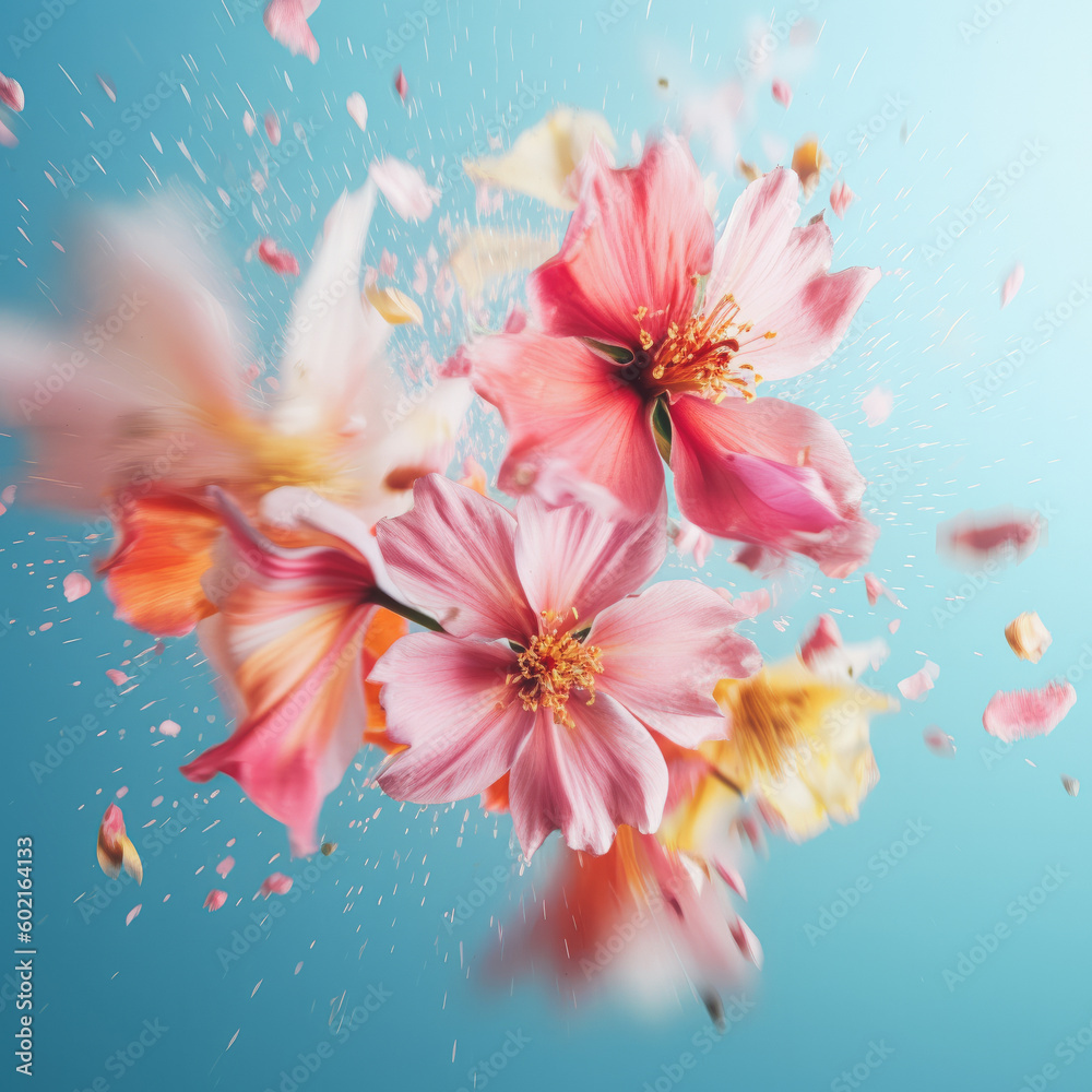 Creative composition with exploding colorful flowers on pastel blue. Generative AI.
