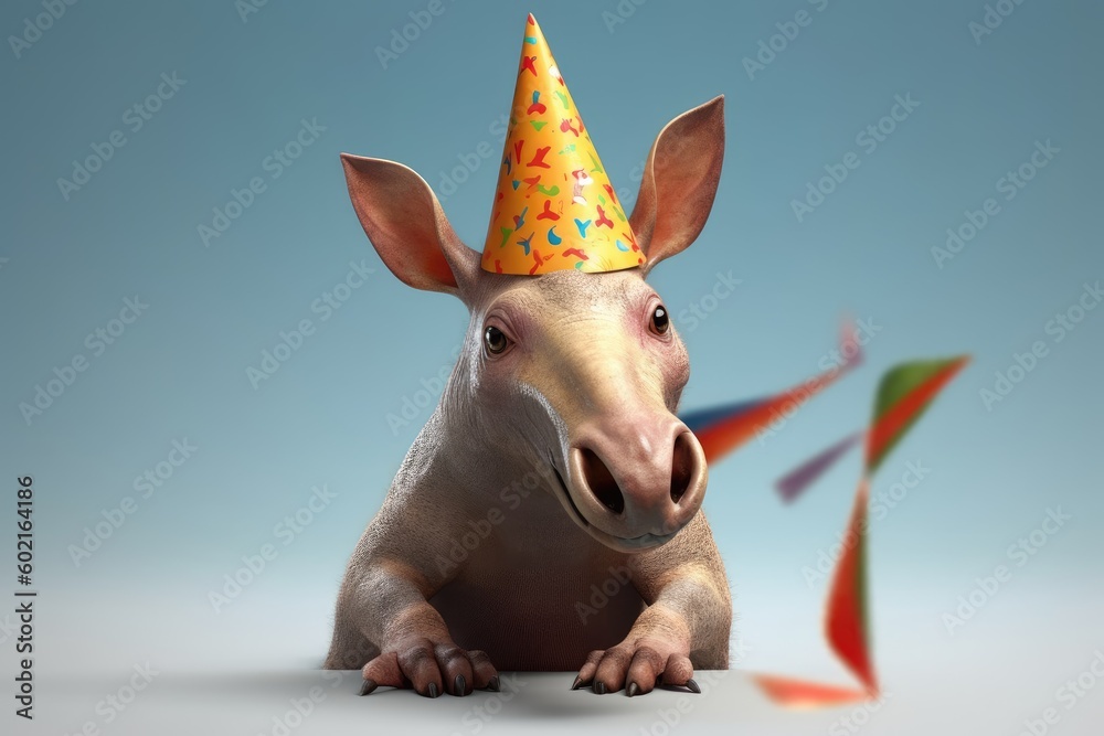 Aardvark or Orycteropus with party hat, burrowing, nocturnal mammal in ...