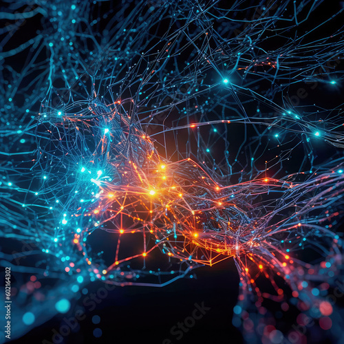 Fictional glowing brain background with a network of neural connections. Neural activity. Generative AI