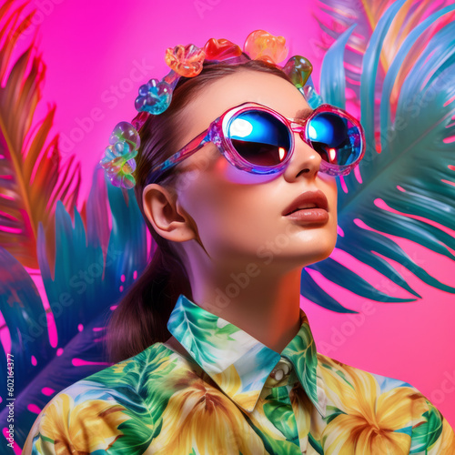 Beautiful fashion female model wearing glasses against tropical synth wave colored background. Bold colors. Generative AI.