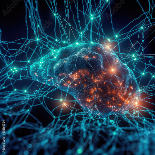 Fictional glowing brain background with a network of neural connections. Neural activity. Generative AI
