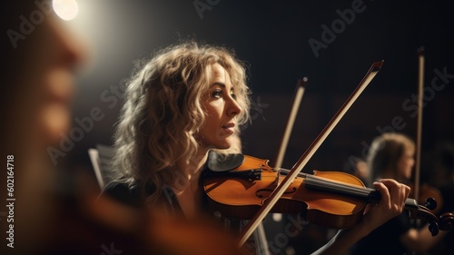 Orchestra Conductor Female Caucasian Mature Leading an orchestra in a rehearsal or performance in Concert hall. Generative AI AIG22. photo