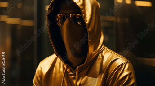 Anonymous bitcoin creator with satoshi nakamoto pseudonym. Illustration of anonymous person with gold hoodie and sunglasses. Designed with help of generative AI. photo