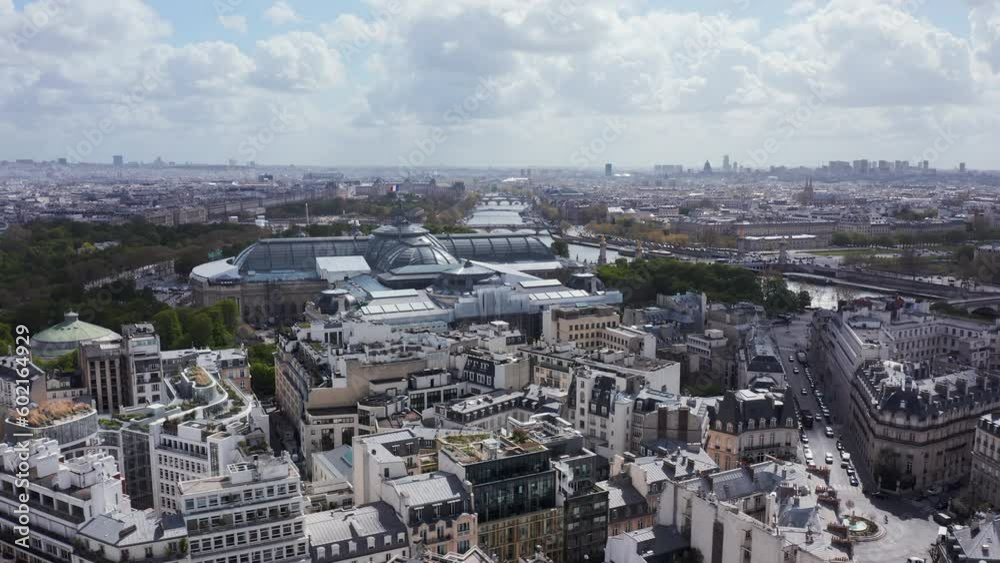 Aerial above Paris buildings and Grand Palais , France Aerial above Paris buildings and Grand Palais , France