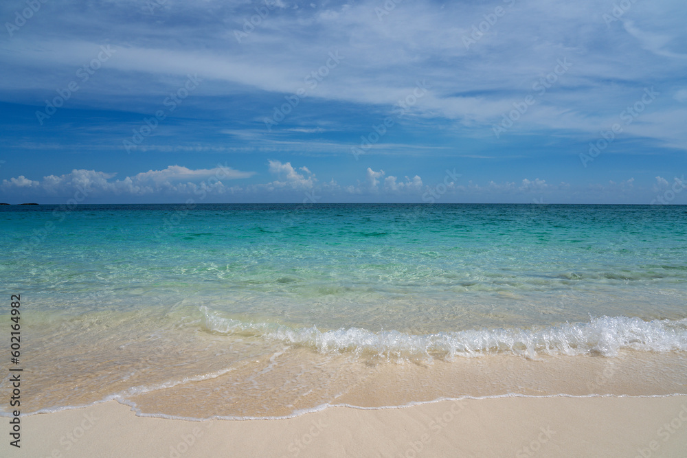 Tropical beach with white sand and blue water in Paradise Island, Bahamas